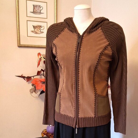 NWT Women's Brown Zip-Up Hooded Cardigan Knitwear Sweater 6 S - Picture 4 of 6